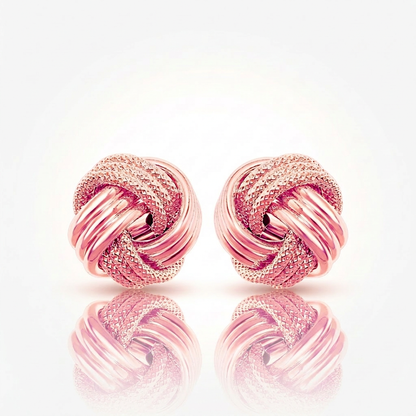 14k rose gold love knot earrings with ridge texture by Avera Group, view 3