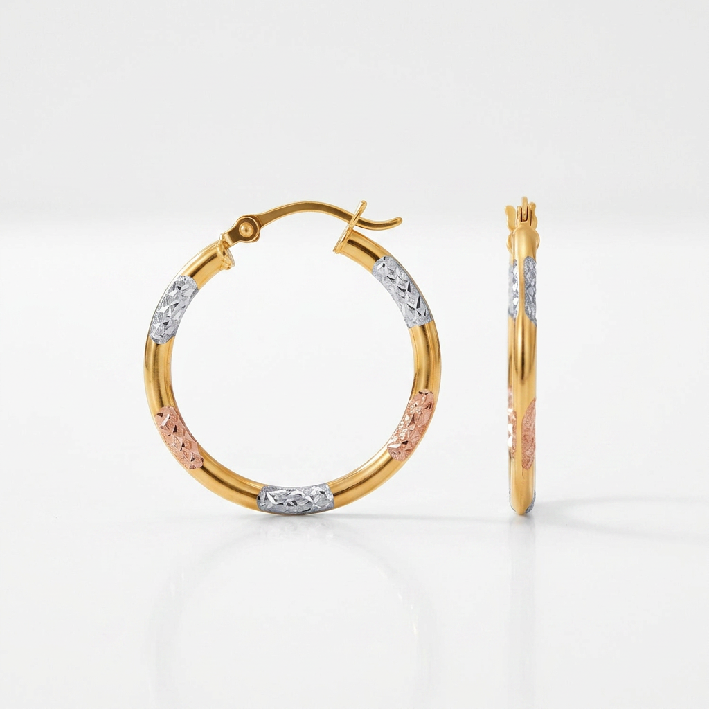 Avera Group 10K tri-color gold classic hoop earrings with diamond-cut details, view 2