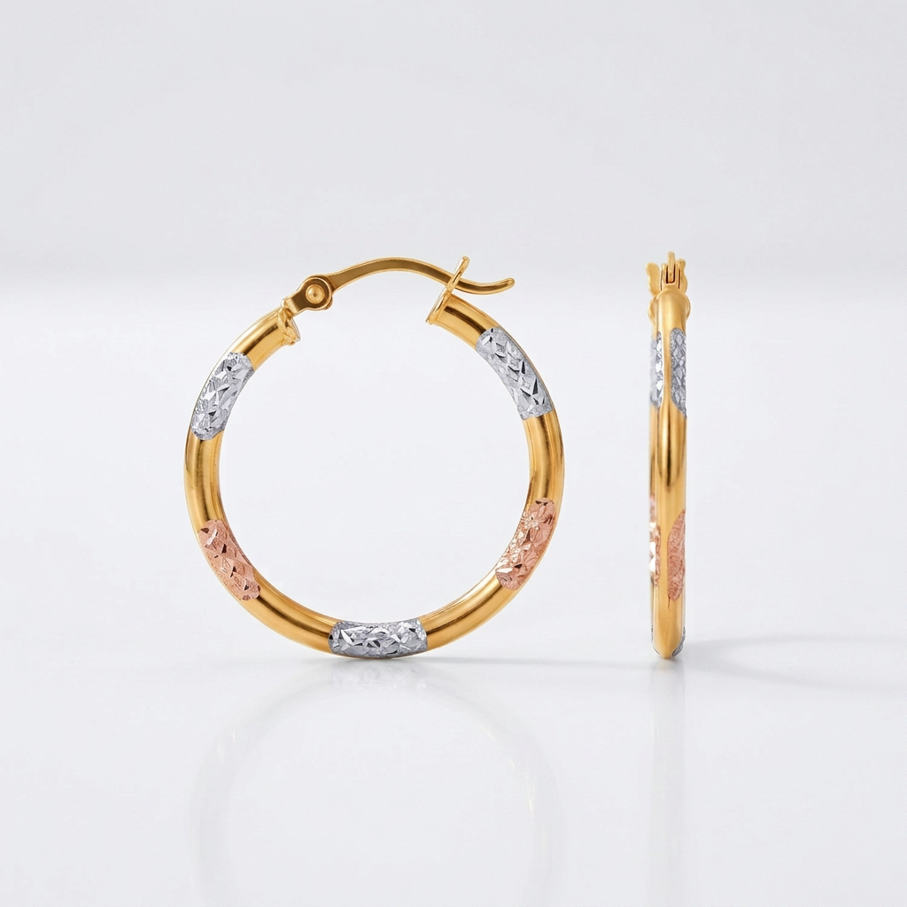 Avera Group 10K tri-color gold classic hoop earrings with diamond-cut details, view 3