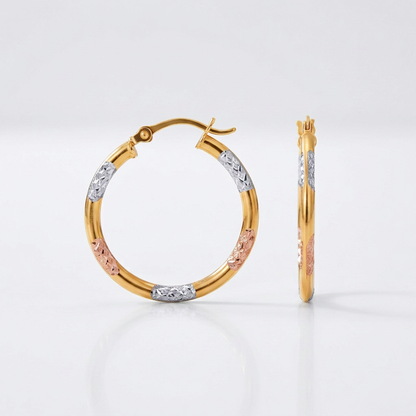 Avera Group 10K tri-color gold classic hoop earrings with diamond-cut details, view 3