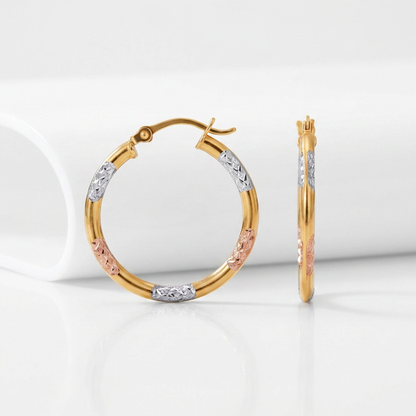 Avera Group 10K tri-color gold classic hoop earrings with diamond-cut details, view 4