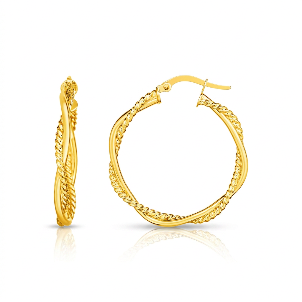 14k yellow gold two part textured twisted round hoop earrings, Avera Group, view 2