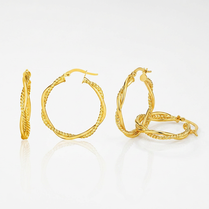 14k yellow gold two part textured twisted round hoop earrings, Avera Group, view 4