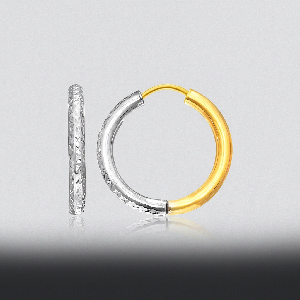 14k two-tone gold textured hoop earrings by Avera Group, view 2