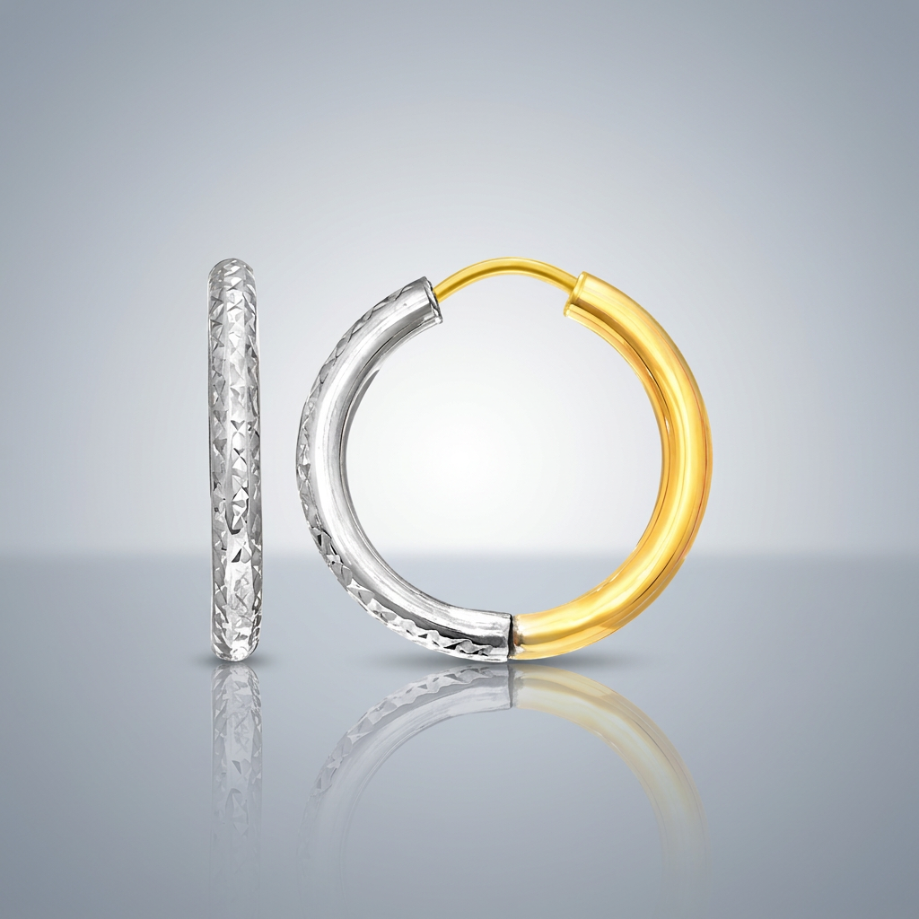 14k two-tone gold textured hoop earrings by Avera Group, view 3