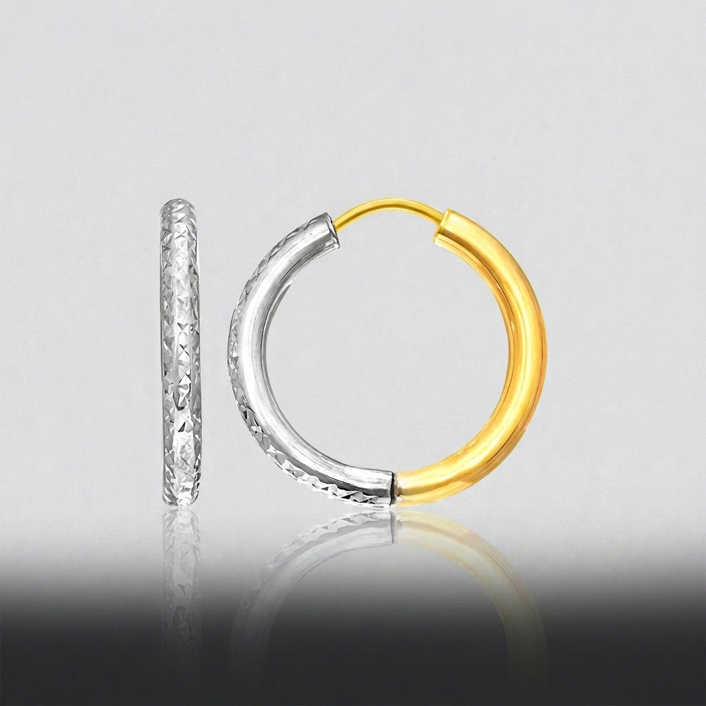 14k two-tone gold textured hoop earrings by Avera Group, view 4