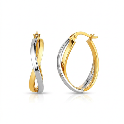 14k two-tone gold twisted polished hoop earrings by Avera Group, view 3