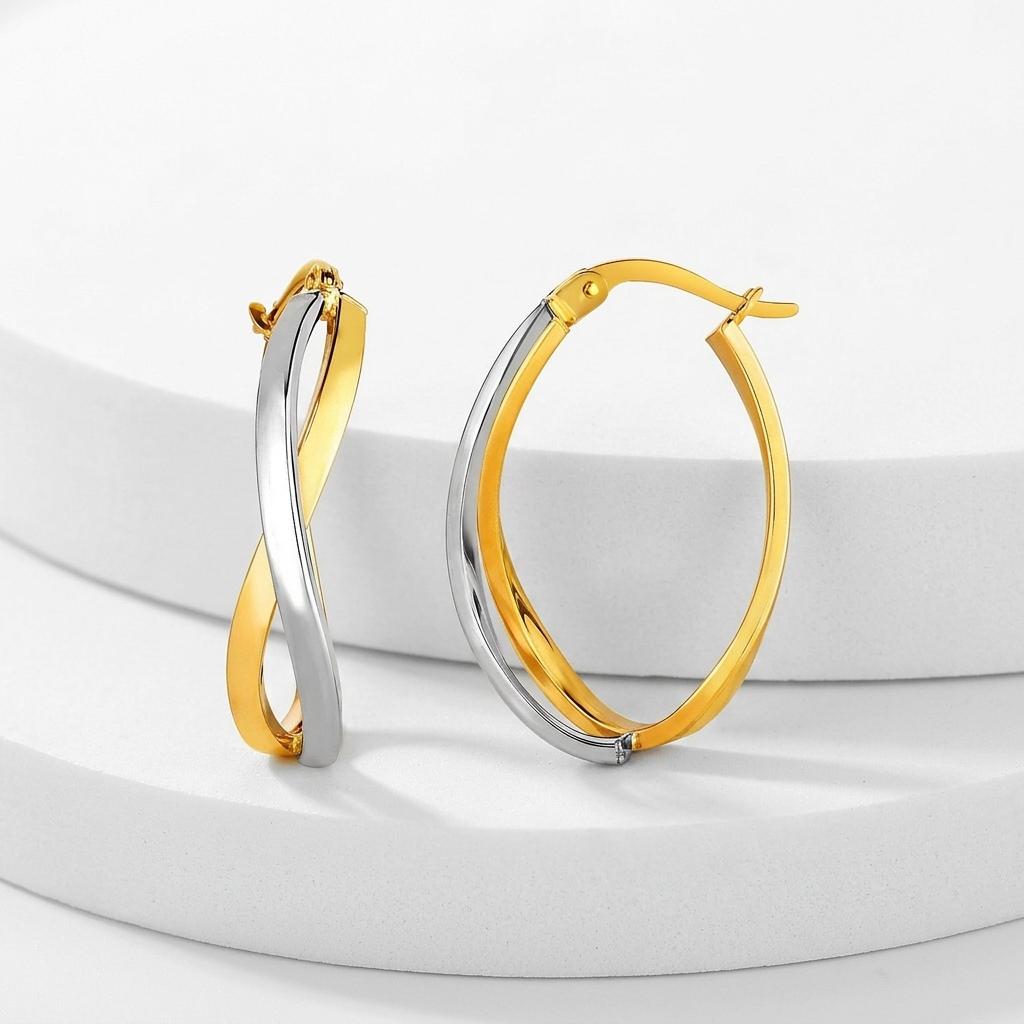 14k two-tone gold twisted polished hoop earrings by Avera Group, view 2