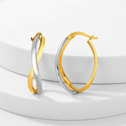14k two-tone gold twisted polished hoop earrings by Avera Group, view 2
