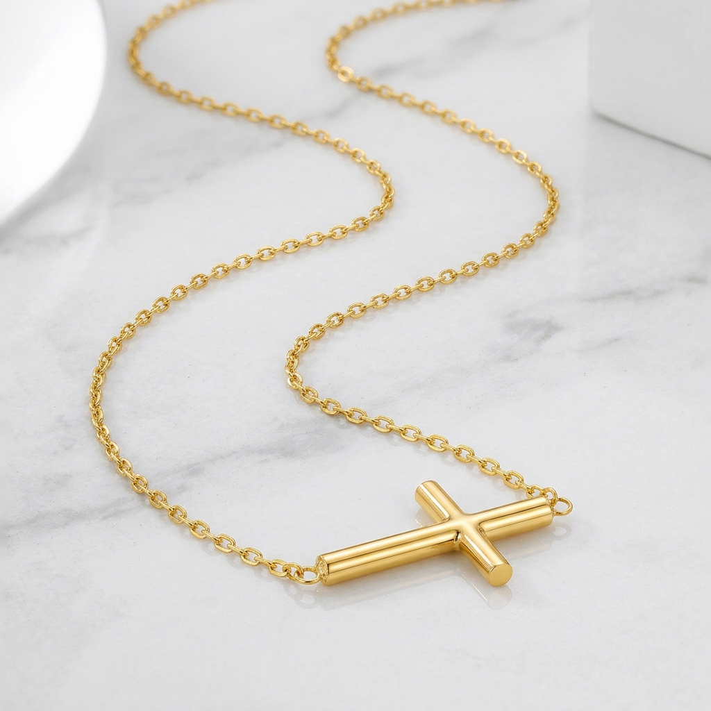 14k yellow gold necklace with polished cross design, Avera Group, view 2