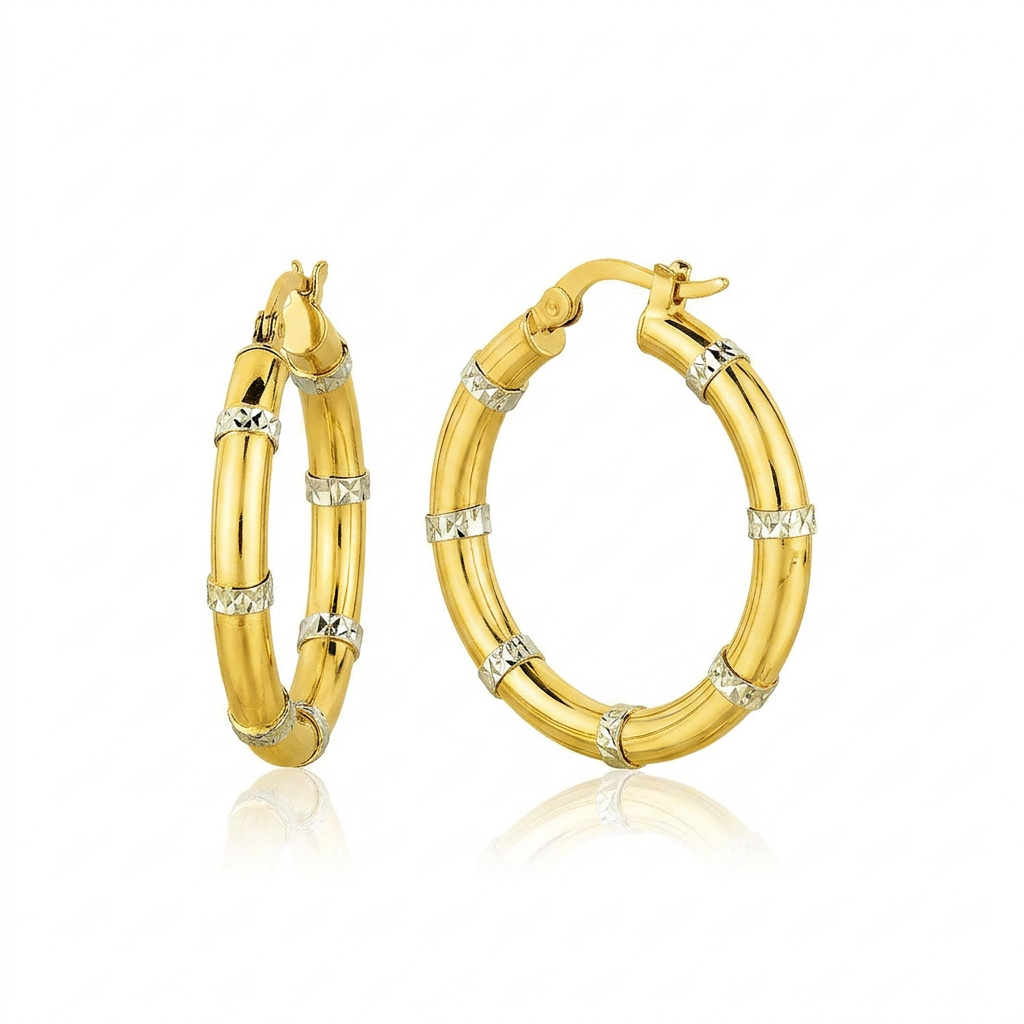 14k two-tone gold alternate textured hoop earrings by Avera Group, view 2