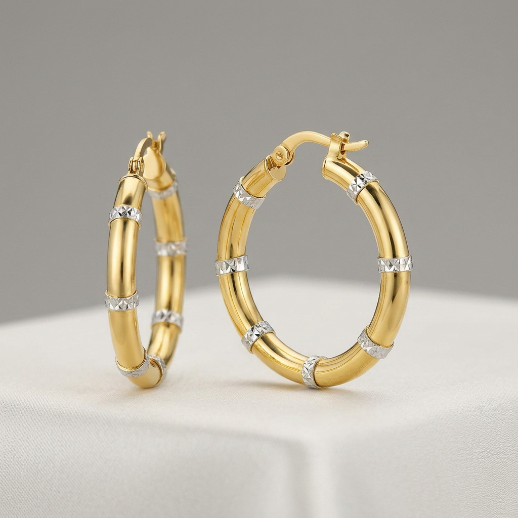 14k two-tone gold alternate textured hoop earrings by Avera Group, view 3