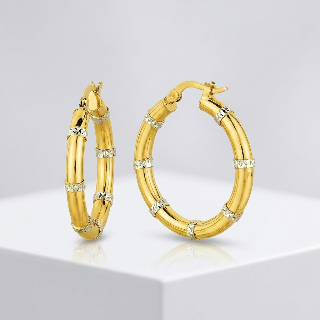14k two-tone gold alternate textured hoop earrings by Avera Group, view 4