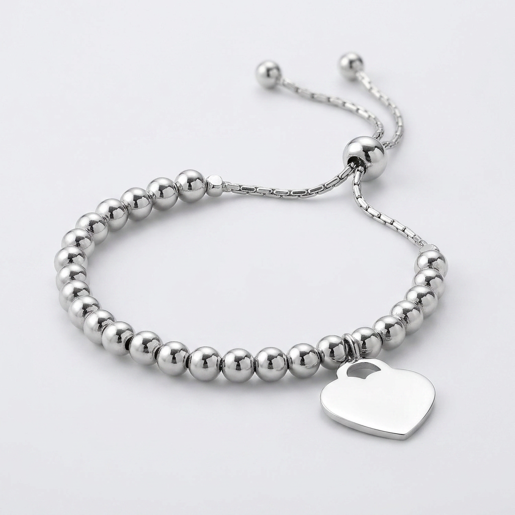 Adjustable sterling silver bead bracelet with heart charm, Avera Group, view 2