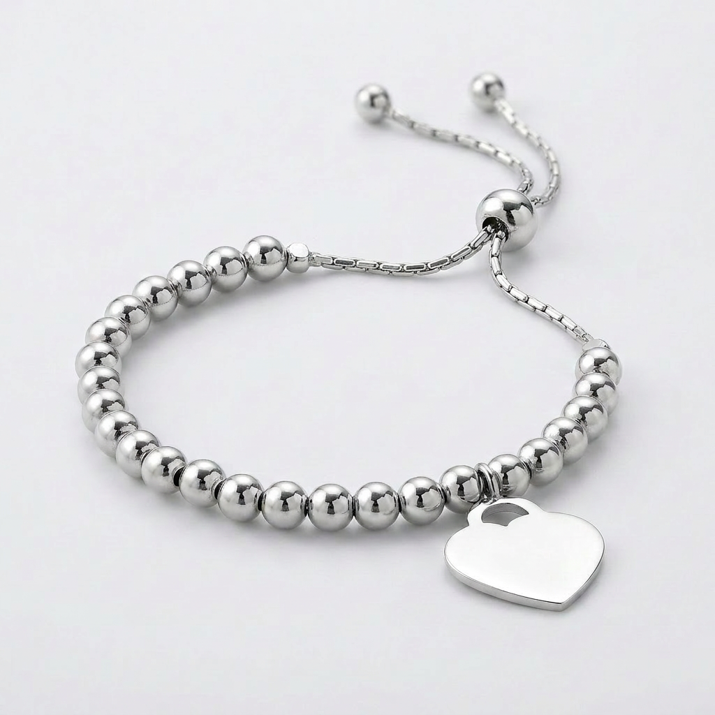 Adjustable sterling silver bead bracelet with heart charm, Avera Group, view 3