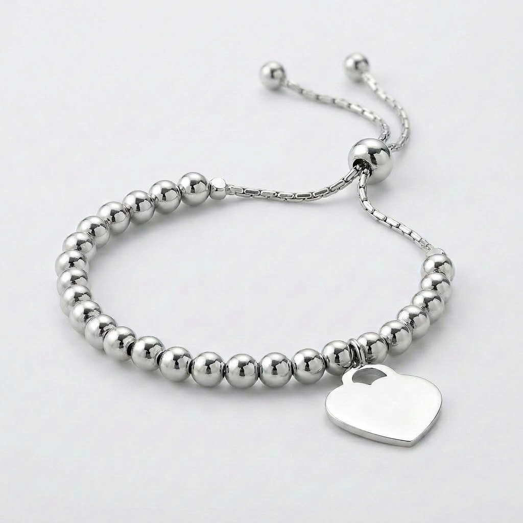 Adjustable sterling silver bead bracelet with heart charm, Avera Group, view 4