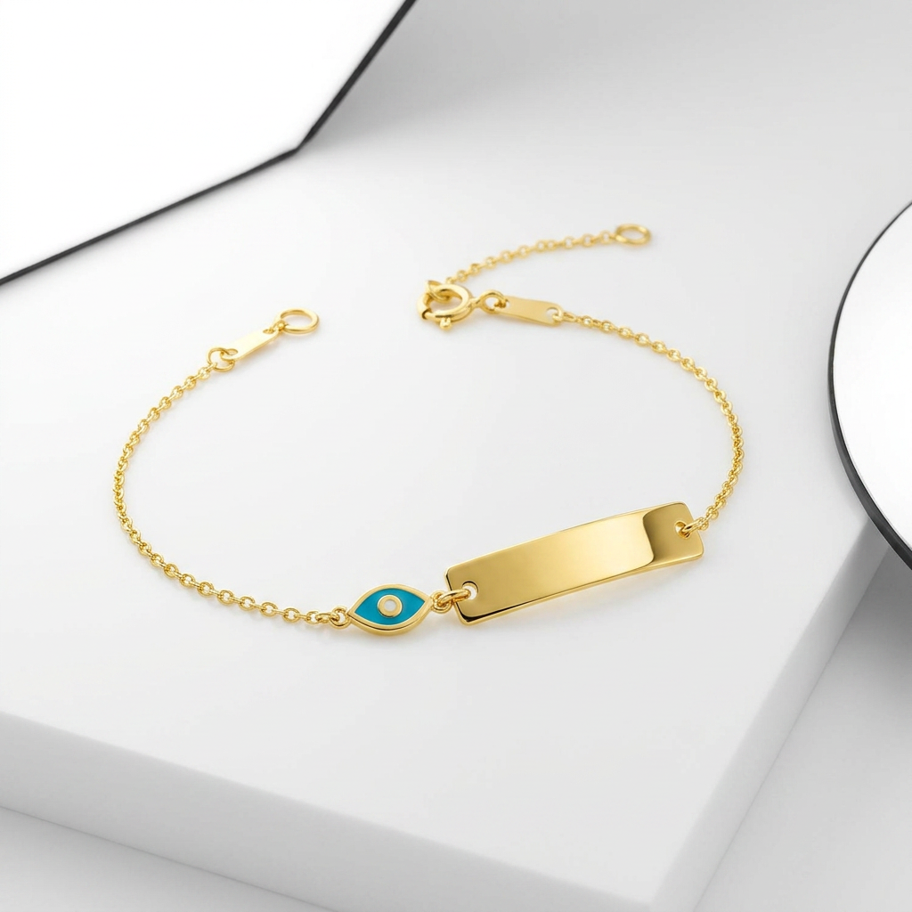 14k yellow gold children's ID bracelet with enameled eye by Avera Group, view 2