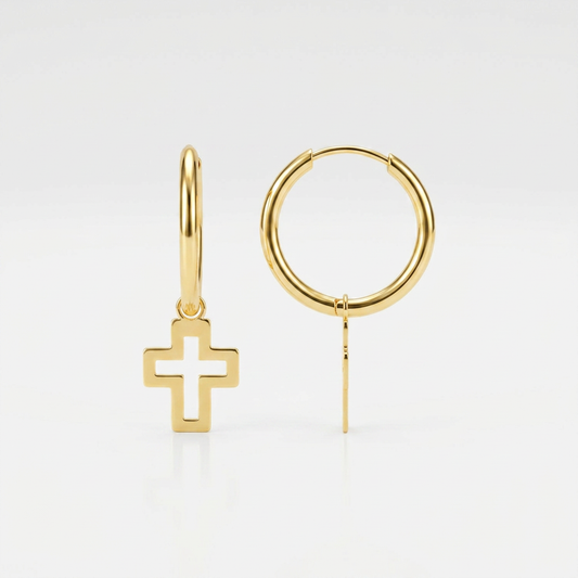 14k yellow gold polished hoop earrings with cross charms, Avera Group, view 2