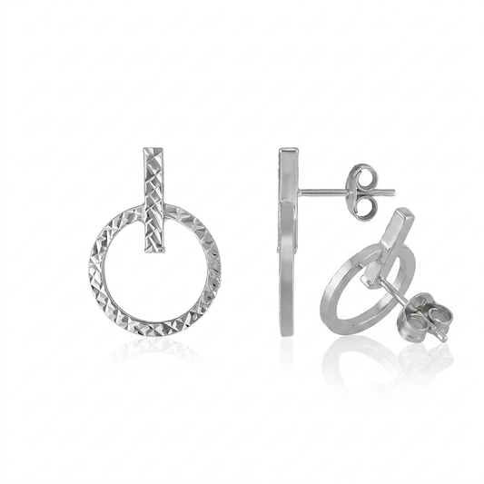 14k white gold textured circle and bar post earrings by Avera Group, view 2