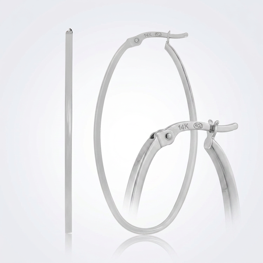 14k white gold slim oval hoop earrings by Avera Group, view 3