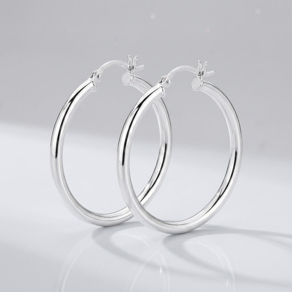 Sterling Silver Hoop Style Earrings with Polished Rhodium Plating (30mm) by Avera Group