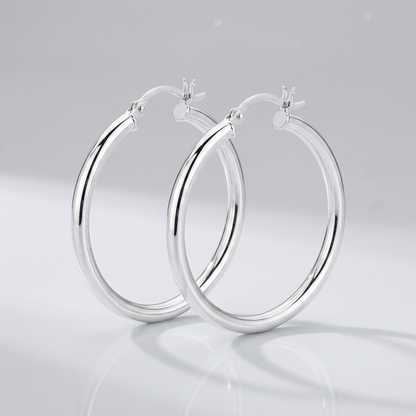 Sterling Silver Hoop Style Earrings with Polished Rhodium Plating (30mm) by Avera Group