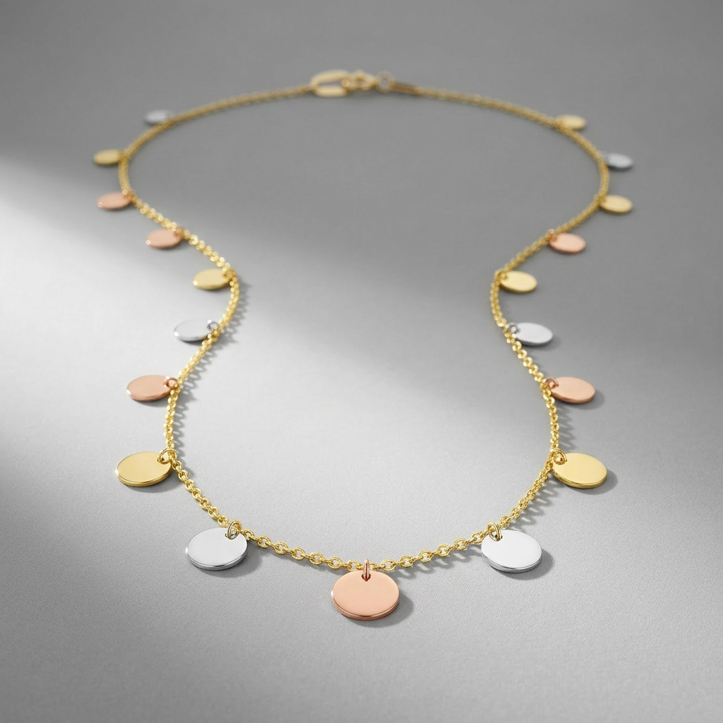 14k tri-color gold necklace with dangling circles by Avera Group, view 3