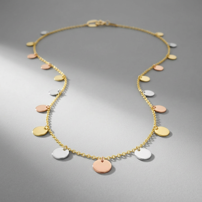 14k tri-color gold necklace with dangling circles by Avera Group, view 3