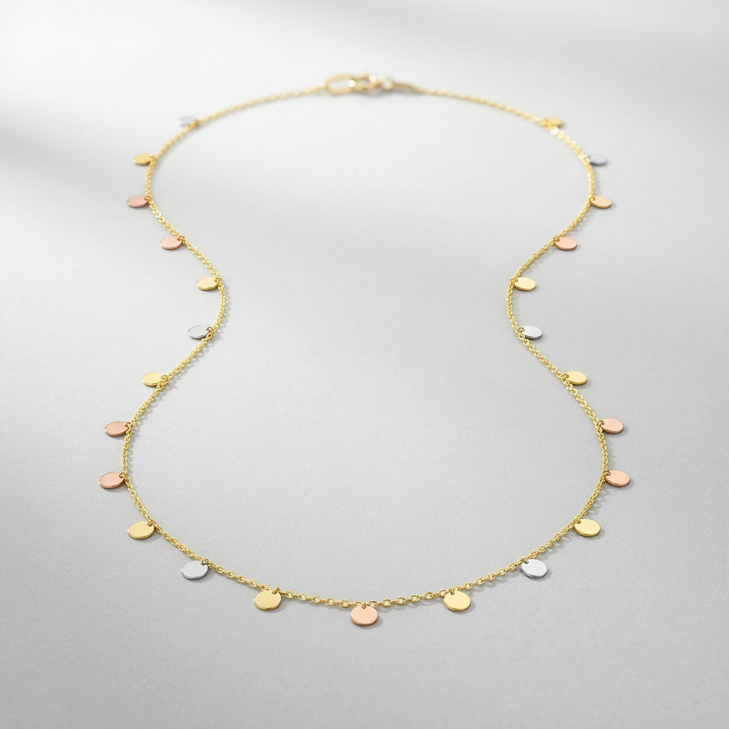 14k tri-color gold necklace with dangling circles by Avera Group, view 2