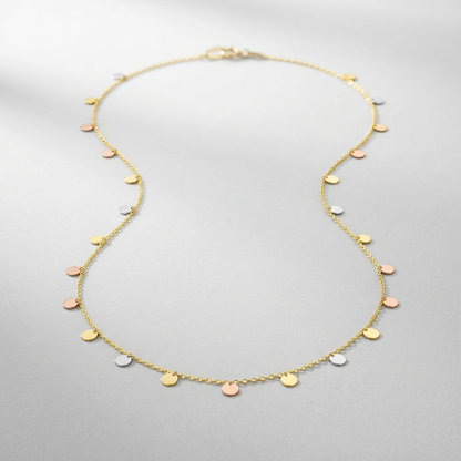 14k tri-color gold necklace with dangling circles by Avera Group, view 2