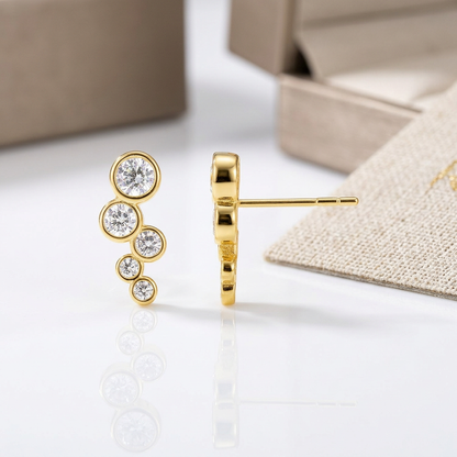 14k yellow gold climber post earrings with circles and cubic zirconia, Avera Group, view 2