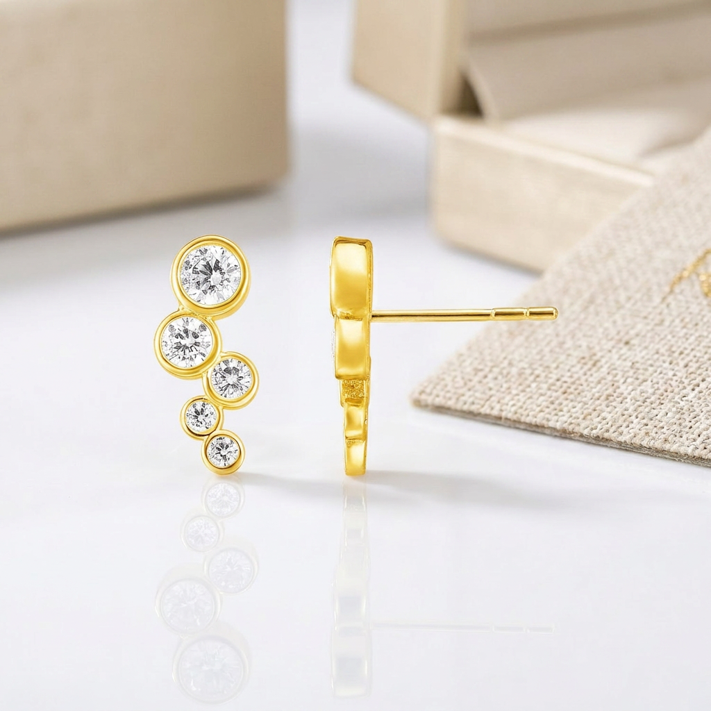 14k yellow gold climber post earrings with circles and cubic zirconia, Avera Group, view 3