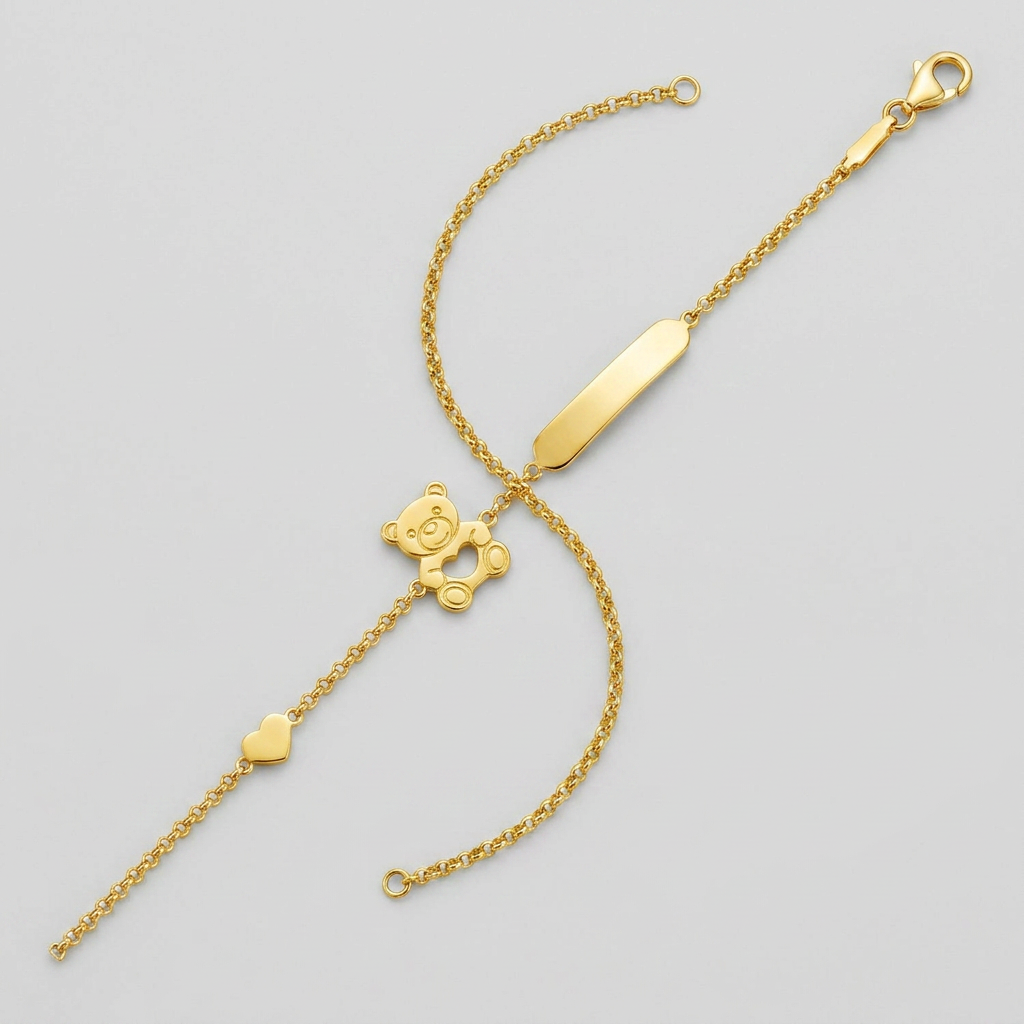 14k yellow gold children's bracelet with teddy bear, heart and bar, Avera Group, view 2
