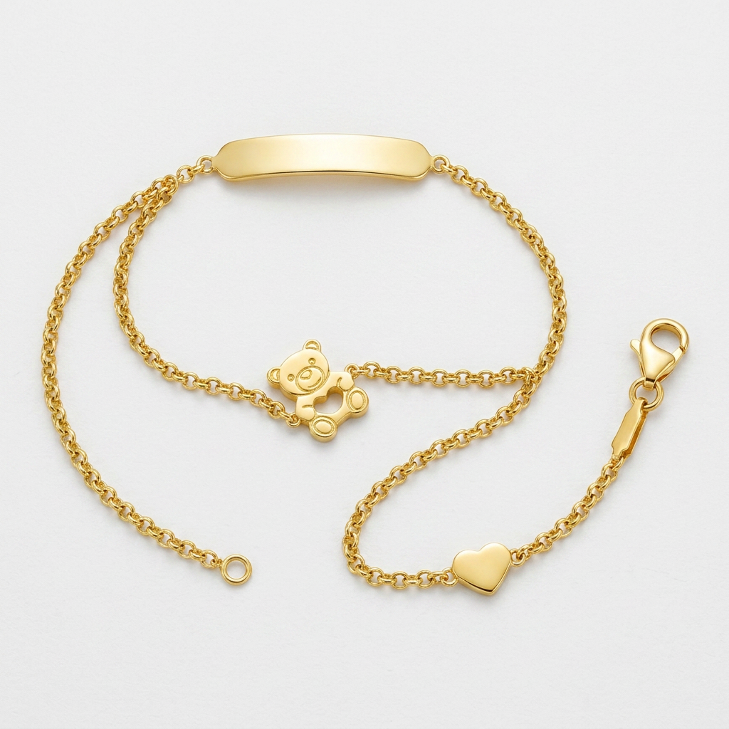 14k yellow gold children's bracelet with teddy bear, heart and bar, Avera Group, view 3