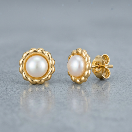 14k yellow gold flower stud earrings with pearls, Avera Group, view 2