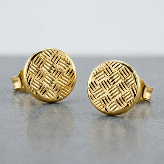 14k yellow gold textured circle post earrings, Avera Group, view 2