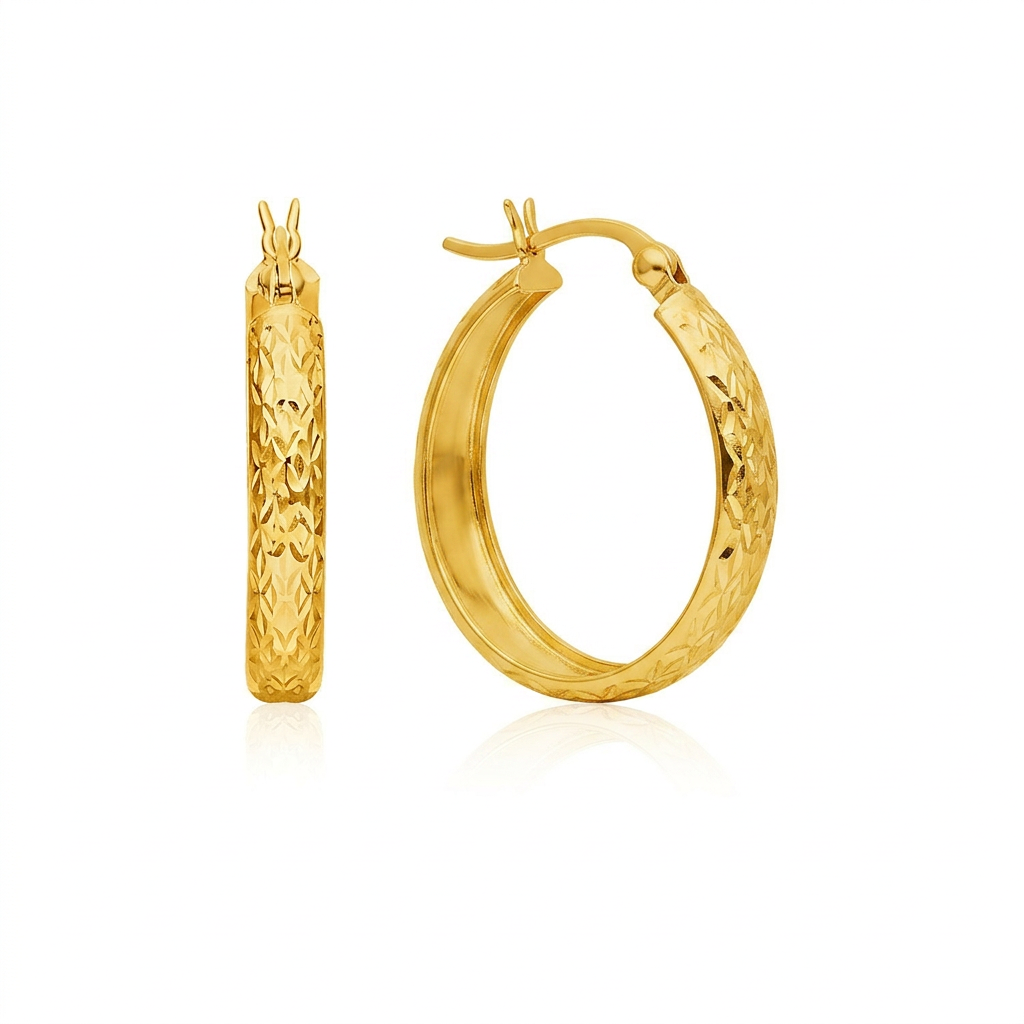 14k yellow gold hammered oval hoop earrings by Avera Group, view 2