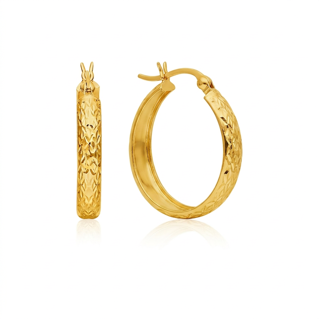 14k yellow gold hammered oval hoop earrings by Avera Group, view 3