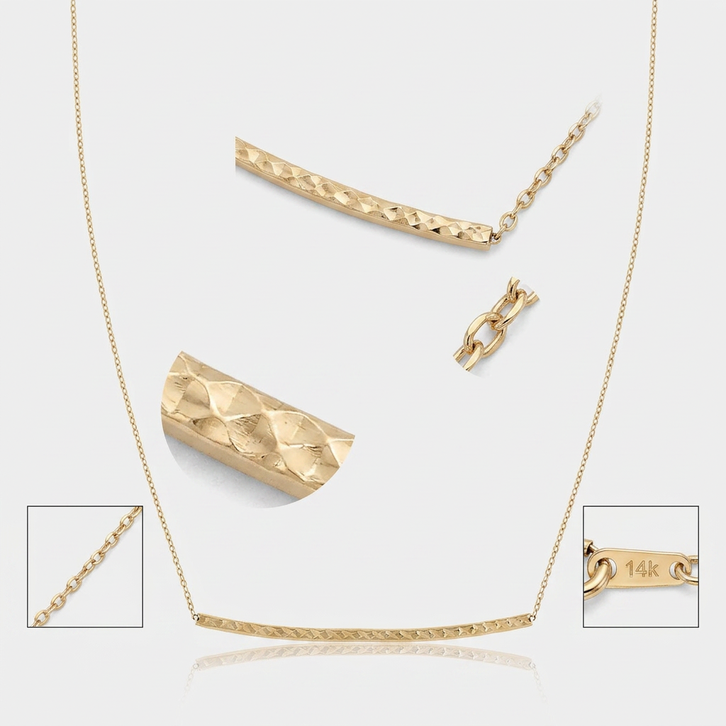 14k yellow gold thin textured bar necklace, Avera Group, view 4