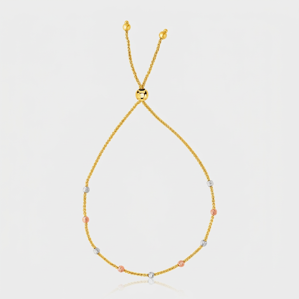 14k tri-color gold textured bead station lariat bracelet by Avera Group, view 2