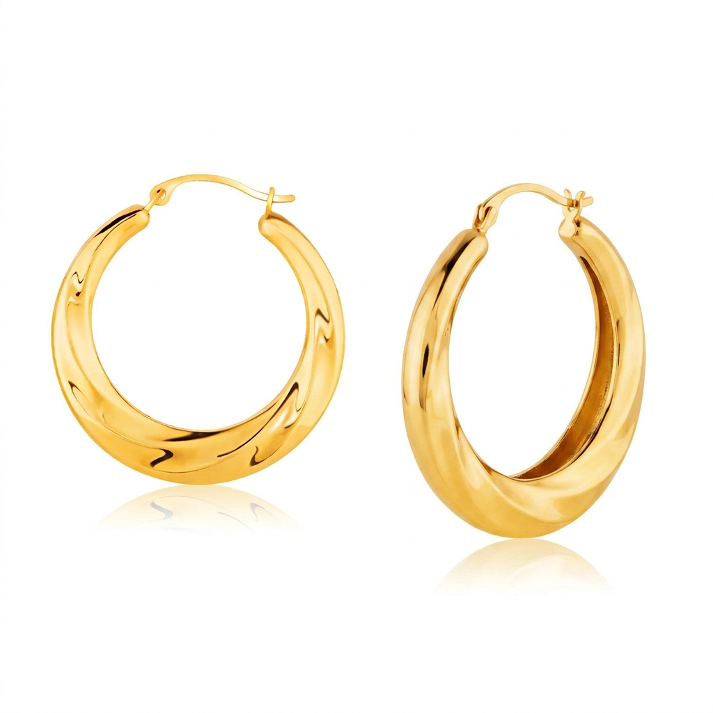 14k yellow gold graduated textured hoop earrings by Avera Group, view 2