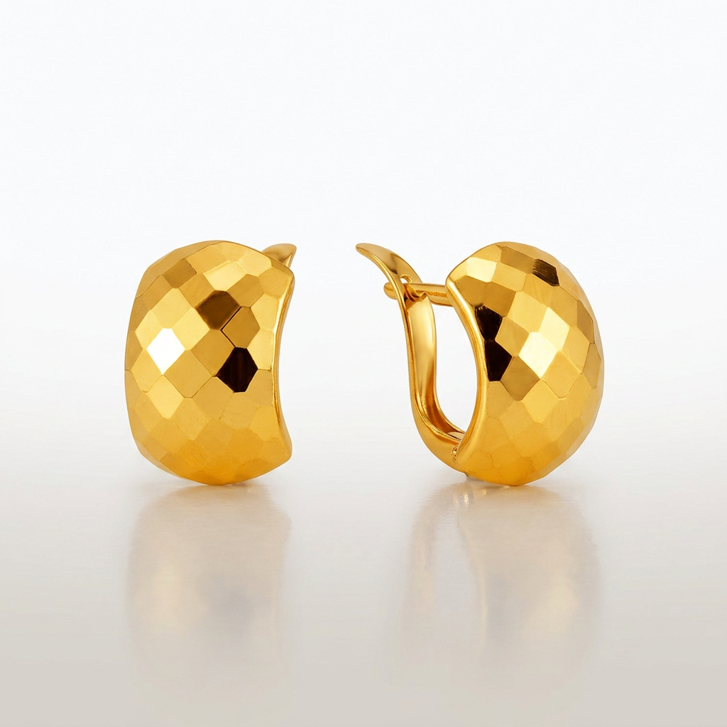 14k yellow gold geometric texture earrings with diamond-cut finish by Avera Group, view 4