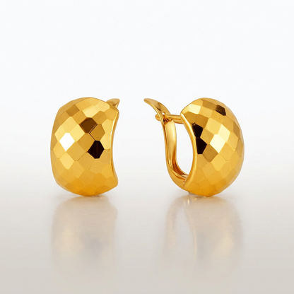 14k yellow gold geometric texture earrings with diamond-cut finish by Avera Group, view 4