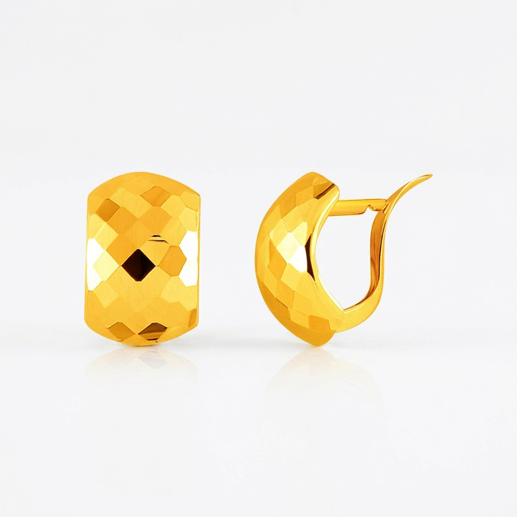 14k yellow gold geometric texture earrings with diamond-cut finish by Avera Group, view 3