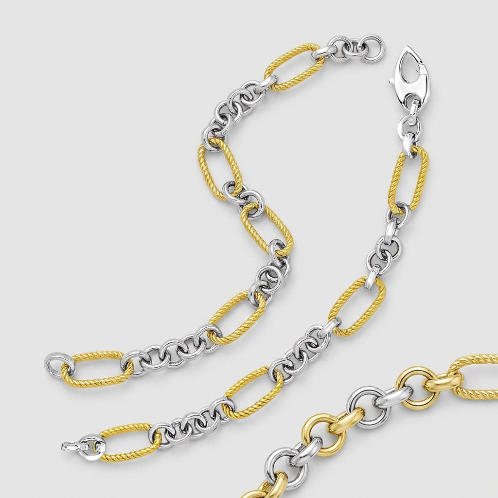 14k two-tone gold bracelet with cable-textured oval and round links by Avera Group, view 2