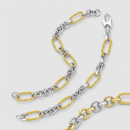 14k two-tone gold bracelet with cable-textured oval and round links by Avera Group, view 2