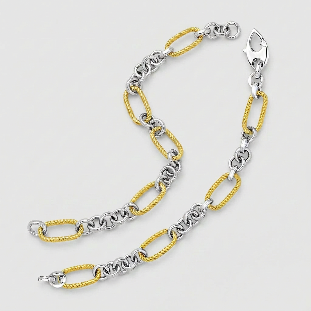 14k two-tone gold bracelet with cable-textured oval and round links by Avera Group, view 3