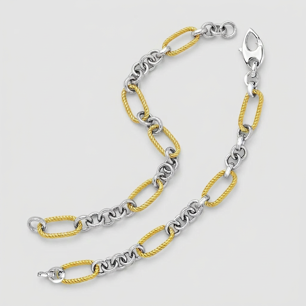 14k two-tone gold bracelet with cable-textured oval and round links by Avera Group, view 4