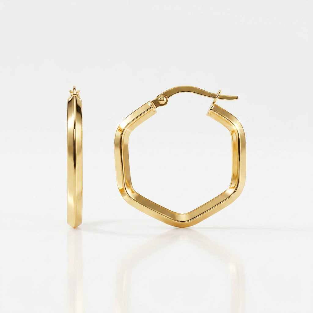 14k yellow gold hexagon hoop earrings, polished, Avera Group, view 2