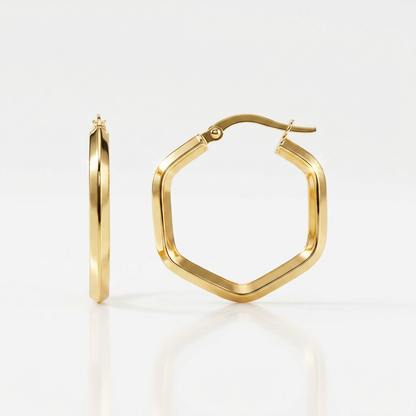 14k yellow gold hexagon hoop earrings, polished, Avera Group, view 2